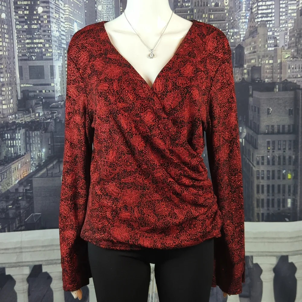 Metaphor sz L Red & Black Sparkling Cross Over V-Neck Ruched Blouse